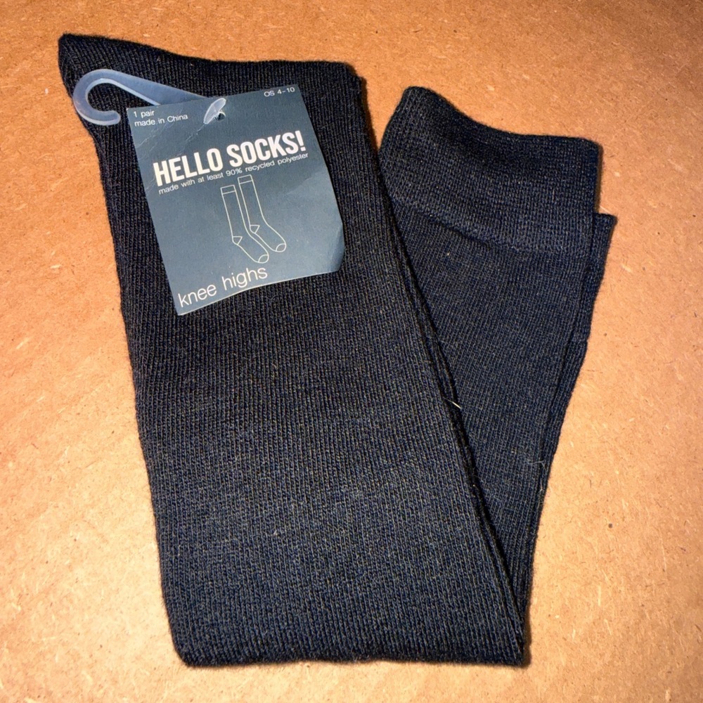 Hello Socks! Knee High Socks Women OS 4-10 NEW Black Ribbed Recycled Polyester